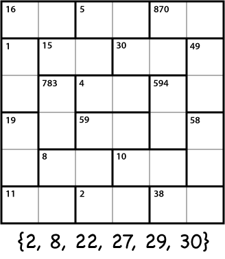 six-by-six kenken to be solved with numbers from the set {2,8,22,27,29,30}; mouseover for solution