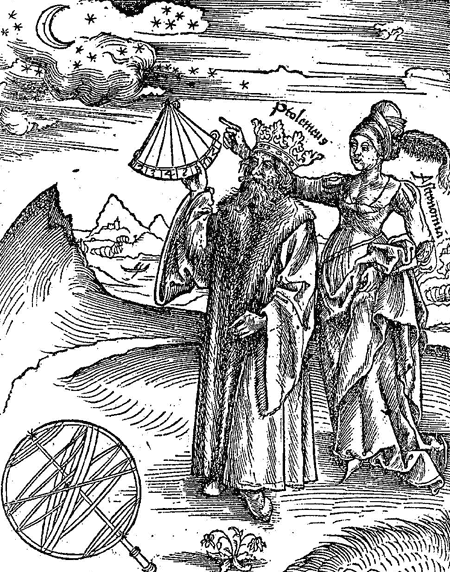 Ptolemy and Astronomia with stars and moon from Margarita Philosophica 1504