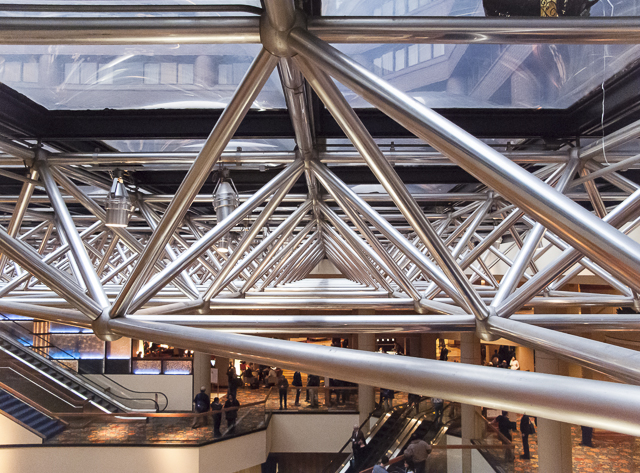 Open metal frame of a roof truss at the Marriott Wardman Hotel in Washington.