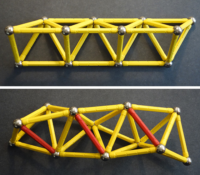 A truss made of alternating tetrahedra and half-octahedra twists to become a tetrahelix.