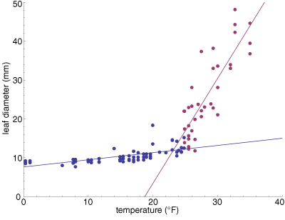 fitting two linear functions to the colder and warmer parts of the leaf-diameter data