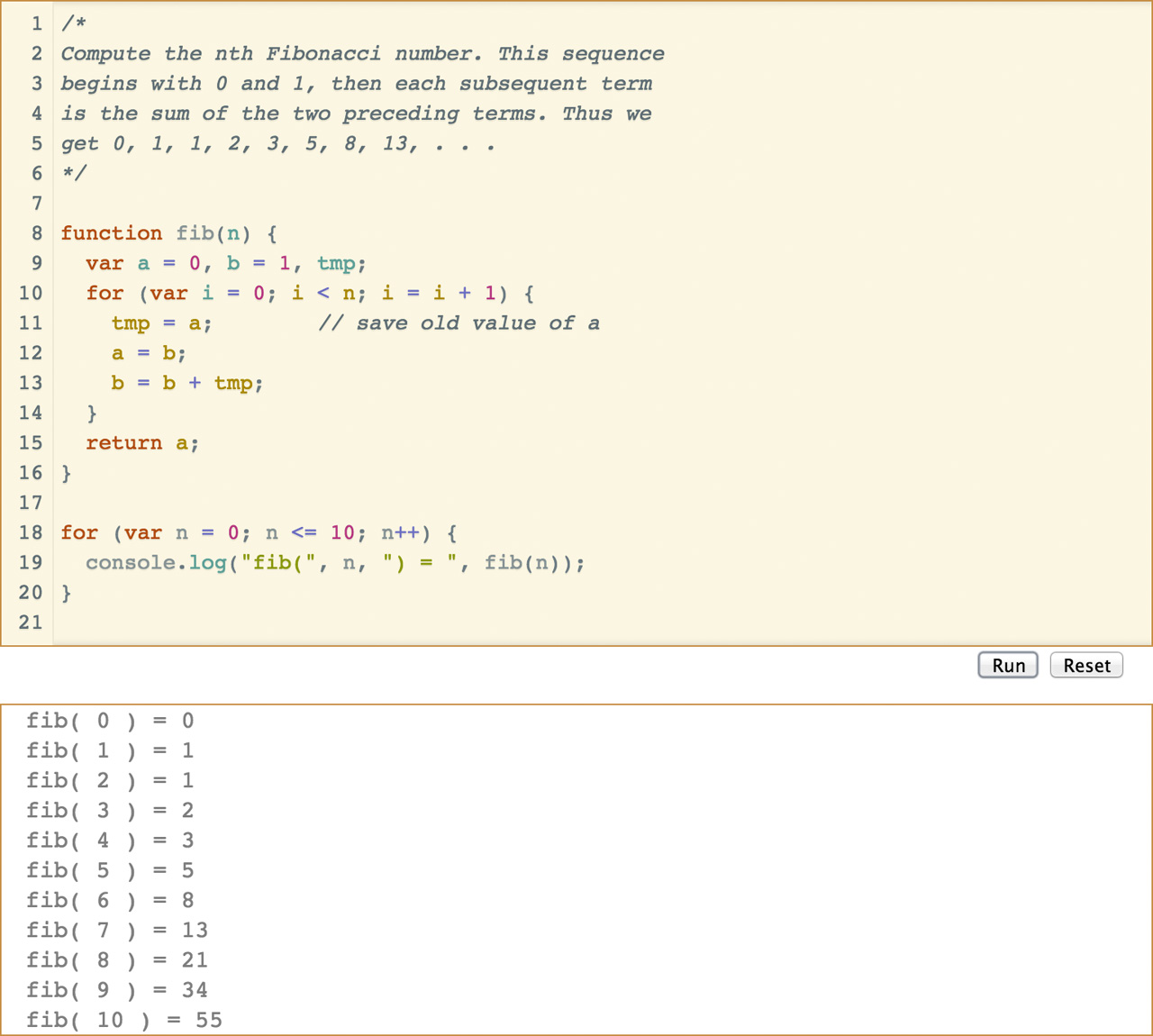 CodeMirror editor window with a JavaScript fibonacci function, and the output in the panel below.