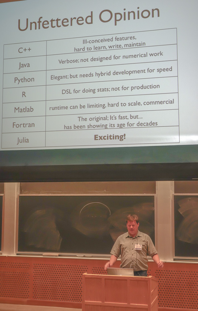 A slide from a talk by David Beach, listing traits of various programming languages (C++, Java, Python, R, Matlab, and Fortran; Julia's trait is 