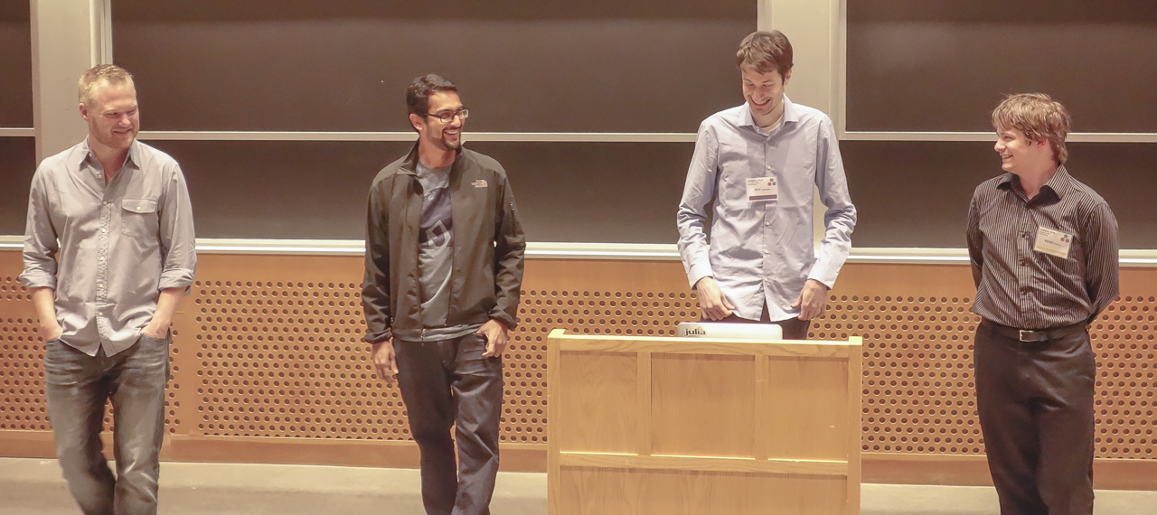 Four leaders of the Julia movement at JuliaCon 2015. From left: Stefan Karpinski, Viral B. Shah, Jeff Bezanson, Keno Fischer.