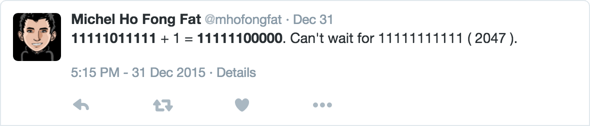 11111011111 + 1 = 11111100000. Can't wait for 11111111111 (2047)