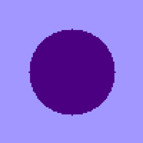 Circular pond of indigo cells in the middle of a mauve landmass.