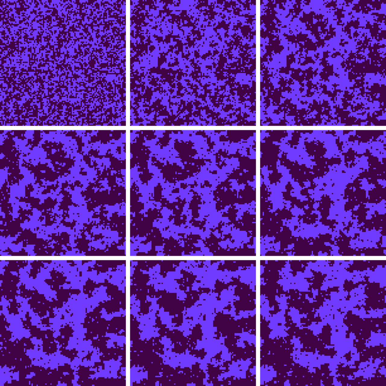 nine stages in the evolution of an Ising lattice under the Metropolis algorithm, following change in temperature from T=5 to T=2