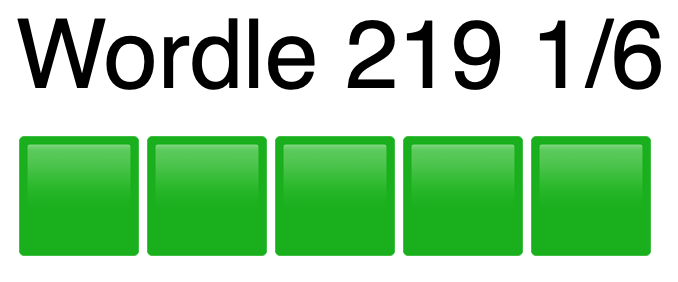 Image of the five green squares Wordle shows when you guess the word on the first try.