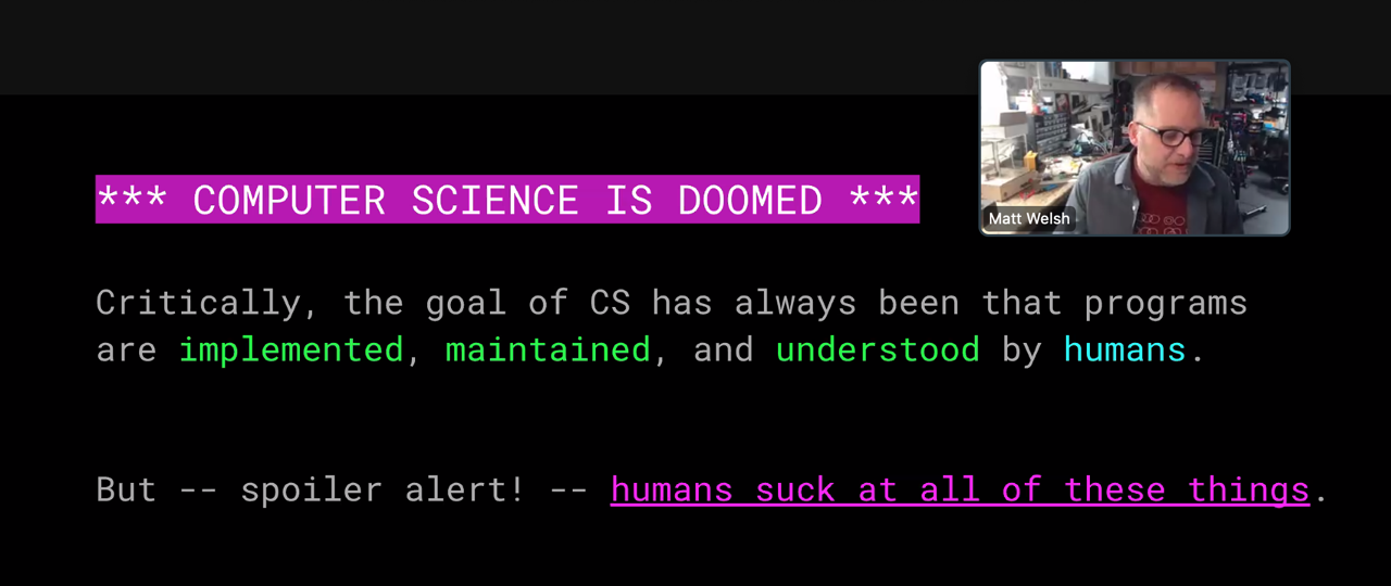 A presentation slide with the headline "Computer Science is Doomed," from an ACM Tech Talk by Matt Welsh.