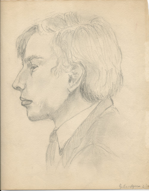 A pencil sketch of the author's head and shoulders in profile. He is wearing a coat and tie, which means this was very long ago.